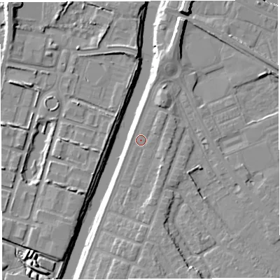 Shaded relief map of the ground around WA46AD, computed from Environment Agency LiDAR. The ground here sits at about 8 m above sea level and falls 11 m across the surrounding 800 m. Surface water reaching this point runs off ground lying to the south, 3.1 m higher.