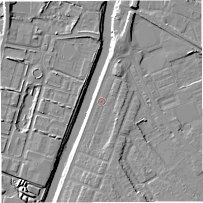Shaded relief map of the ground around WA46AE, computed from Environment Agency LiDAR. The ground here sits at about 8 m above sea level and falls 11 m across the surrounding 800 m. Surface water reaching this point runs off ground lying to the south-south-east, 3.3 m higher.