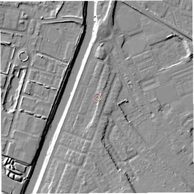 Shaded relief map of the ground around WA46AF, computed from Environment Agency LiDAR. The ground here sits at about 8 m above sea level and falls 10 m across the surrounding 800 m. Surface water reaching this point runs off ground lying to the south, 2.1 m higher.