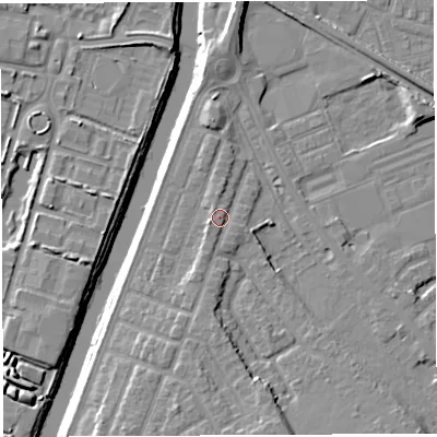 Shaded relief map of the ground around WA46AJ, computed from Environment Agency LiDAR. The ground here sits at about 9 m above sea level and falls 10 m across the surrounding 800 m. Surface water reaching this point runs off ground lying to the south-south-west, 2.1 m higher.
