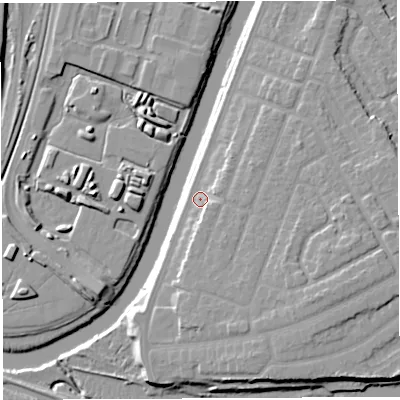 Shaded relief map of the ground around WA46AR, computed from Environment Agency LiDAR. The ground here sits at about 9 m above sea level and falls 11 m across the surrounding 800 m. Surface water reaching this point runs off ground lying to the south-east, 6.0 m higher.