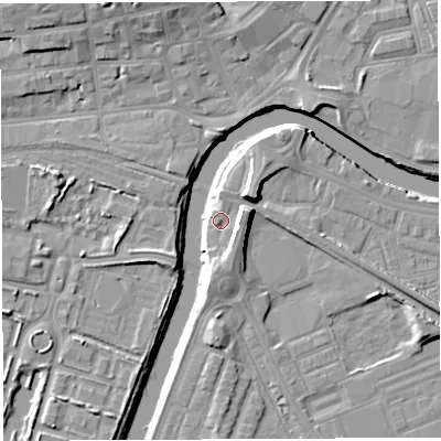 Shaded relief map of the ground around WA46BE, computed from Environment Agency LiDAR. The ground here sits at about 7 m above sea level and falls 11 m across the surrounding 800 m. Surface water reaching this point runs off ground lying to the east-north-east, 6.9 m higher.
