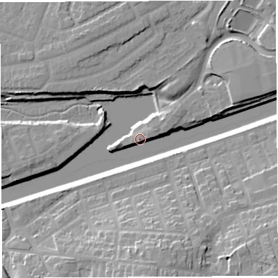 Shaded relief map of the ground around WA46BQ, computed from Environment Agency LiDAR. The ground here sits at about 9 m above sea level and falls 19 m across the surrounding 800 m. Surface water reaching this point runs off ground lying to the east-north-east, 5.4 m higher.