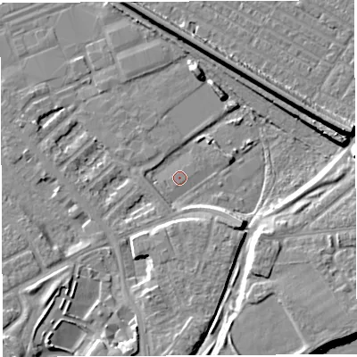 Shaded relief map of the ground around WA46DN, computed from Environment Agency LiDAR. The ground here sits at about 7 m above sea level and falls 12 m across the surrounding 800 m. Surface water reaching this point runs off ground lying to the east-north-east, 10.4 m higher.