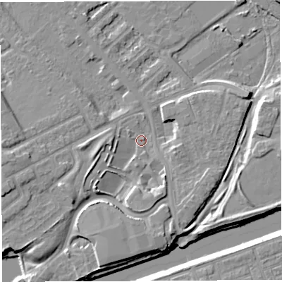 Shaded relief map of the ground around WA46DP, computed from Environment Agency LiDAR. The ground here sits at about 8 m above sea level and falls 8 m across the surrounding 800 m. Surface water reaching this point runs off ground lying to the south, 5.5 m higher.