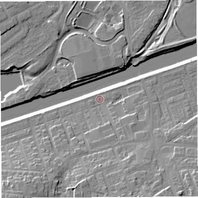 Shaded relief map of the ground around WA46DS, computed from Environment Agency LiDAR. The ground here sits at about 10 m above sea level and falls 19 m across the surrounding 800 m. Surface water reaching this point runs off ground lying to the south-south-east, 14.4 m higher.