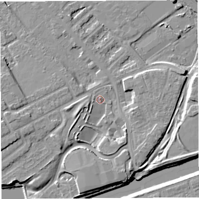 Shaded relief map of the ground around WA46DU, computed from Environment Agency LiDAR. The ground here sits at about 8 m above sea level and falls 8 m across the surrounding 800 m. Surface water reaching this point runs off ground lying to the south, 5.2 m higher.
