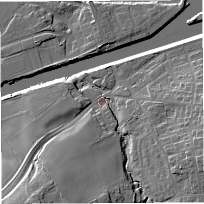 Shaded relief map of the ground around WA46EN, computed from Environment Agency LiDAR. The ground here sits at about 11 m above sea level and falls 25 m across the surrounding 800 m. Surface water reaching this point runs off ground lying to the south-south-west, 17.6 m higher.