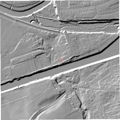 Shaded relief map of the ground around WA46EU, computed from Environment Agency LiDAR. The ground here sits at about 9 m above sea level and falls 19 m across the surrounding 800 m. Surface water reaching this point runs off ground lying to the east, 3.5 m higher.