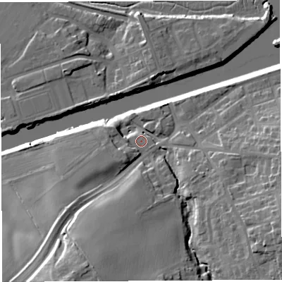 Shaded relief map of the ground around WA46EW, computed from Environment Agency LiDAR. The ground here sits at about 11 m above sea level and falls 24 m across the surrounding 800 m. Surface water reaching this point runs off ground lying to the south-south-west, 19.3 m higher.