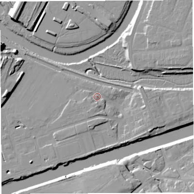 Shaded relief map of the ground around WA46EY, computed from Environment Agency LiDAR. The ground here sits at about 9 m above sea level and falls 16 m across the surrounding 800 m. Surface water reaching this point runs off ground lying to the south-south-west, 2.7 m higher.