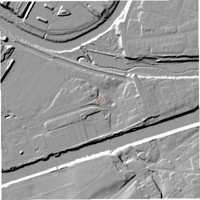 Shaded relief map of the ground around WA46EZ, computed from Environment Agency LiDAR. The ground here sits at about 8 m above sea level and falls 15 m across the surrounding 800 m. Surface water reaching this point runs off ground lying to the north-east, 6.0 m higher.