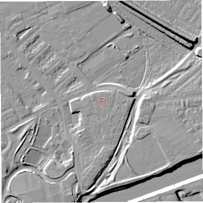 Shaded relief map of the ground around WA46FP, computed from Environment Agency LiDAR. The ground here sits at about 9 m above sea level and falls 12 m across the surrounding 800 m. Surface water reaching this point runs off ground lying to the east, 0.9 m higher.