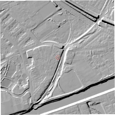 Shaded relief map of the ground around WA46FS, computed from Environment Agency LiDAR. The ground here sits at about 9 m above sea level and falls 13 m across the surrounding 800 m. Surface water reaching this point runs off ground lying to the east-south-east, 5.5 m higher.