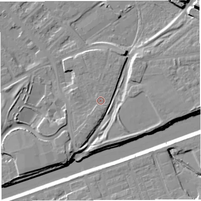 Shaded relief map of the ground around WA46FT, computed from Environment Agency LiDAR. The ground here sits at about 9 m above sea level and falls 12 m across the surrounding 800 m. Surface water reaching this point runs off ground lying to the south, 1.1 m higher.