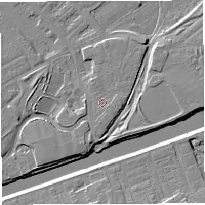 Shaded relief map of the ground around WA46FW, computed from Environment Agency LiDAR. The ground here sits at about 9 m above sea level and falls 11 m across the surrounding 800 m. Surface water reaching this point runs off ground lying to the south-south-west, 1.8 m higher.