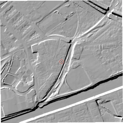Shaded relief map of the ground around WA46FY, computed from Environment Agency LiDAR. The ground here sits at about 9 m above sea level and falls 13 m across the surrounding 800 m. Surface water reaching this point runs off ground lying to the east-south-east, 5.5 m higher.