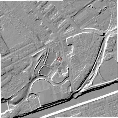 Shaded relief map of the ground around WA46FZ, computed from Environment Agency LiDAR. The ground here sits at about 8 m above sea level and falls 8 m across the surrounding 800 m. Surface water reaching this point runs off ground lying to the south, 5.1 m higher.