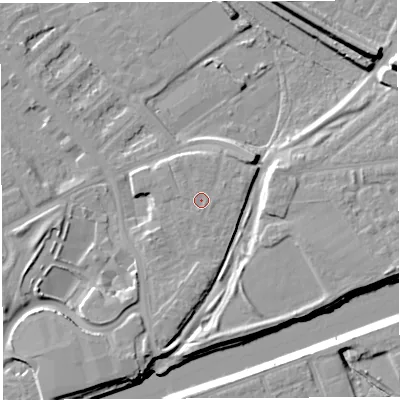 Shaded relief map of the ground around WA46GA, computed from Environment Agency LiDAR. The ground here sits at about 9 m above sea level and falls 12 m across the surrounding 800 m. Surface water reaching this point runs off ground lying to the north-east, 0.7 m higher.