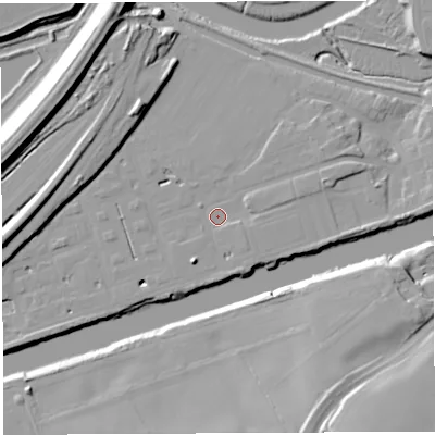 Shaded relief map of the ground around WA46HA, computed from Environment Agency LiDAR. The ground here sits at about 8 m above sea level and falls 20 m across the surrounding 800 m. Surface water reaching this point runs off ground lying to the east-north-east, 1.9 m higher.