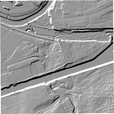 Shaded relief map of the ground around WA46HD, computed from Environment Agency LiDAR. The ground here sits at about 9 m above sea level and falls 18 m across the surrounding 800 m. Surface water reaching this point runs off ground lying to the east-north-east, 3.1 m higher.