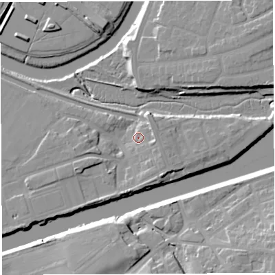 Shaded relief map of the ground around WA46HQ, computed from Environment Agency LiDAR. The ground here sits at about 8 m above sea level and falls 16 m across the surrounding 800 m. Surface water reaching this point runs off ground lying to the north-north-east, 5.9 m higher.