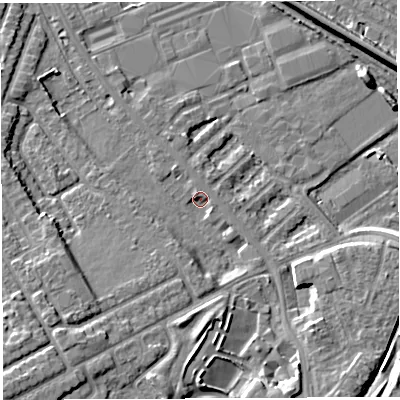 Shaded relief map of the ground around WA46LA, computed from Environment Agency LiDAR. The ground here sits at about 7 m above sea level and falls 8 m across the surrounding 800 m. Surface water reaching this point runs off ground lying to the south-west, 6.6 m higher.