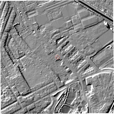 Shaded relief map of the ground around WA46LB, computed from Environment Agency LiDAR. The ground here sits at about 7 m above sea level and falls 8 m across the surrounding 800 m. Surface water reaching this point runs off ground lying to the south-south-west, 6.6 m higher.