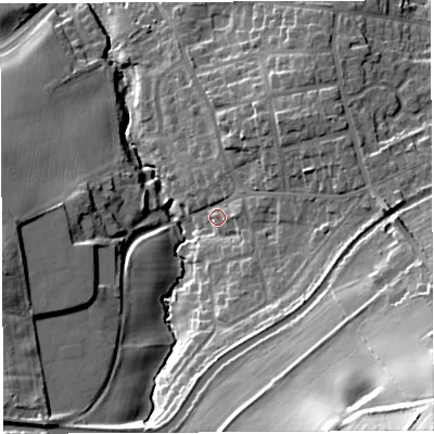 Shaded relief map of the ground around WA46ND, computed from Environment Agency LiDAR. The ground here sits at about 19 m above sea level and falls 45 m across the surrounding 800 m. Surface water reaching this point runs off ground lying to the east, 11.2 m higher.
