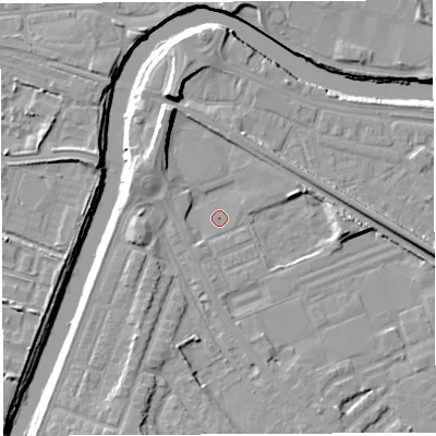Shaded relief map of the ground around WA46PS, computed from Environment Agency LiDAR. The ground here sits at about 6 m above sea level and falls 11 m across the surrounding 800 m. Surface water reaching this point runs off ground lying to the south, 1.6 m higher.