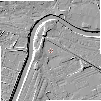 Shaded relief map of the ground around WA46PT, computed from Environment Agency LiDAR. The ground here sits at about 7 m above sea level and falls 11 m across the surrounding 800 m. Surface water reaching this point runs off ground lying to the west-south-west, 3.6 m higher.