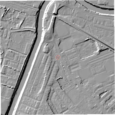Shaded relief map of the ground around WA46PU, computed from Environment Agency LiDAR. The ground here sits at about 7 m above sea level and falls 11 m across the surrounding 800 m. Surface water reaching this point runs off ground lying to the west-north-west, 2.8 m higher.