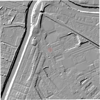 Shaded relief map of the ground around WA46PX, computed from Environment Agency LiDAR. The ground here sits at about 7 m above sea level and falls 11 m across the surrounding 800 m. Surface water reaching this point runs off ground lying to the south-south-east, 1.6 m higher.