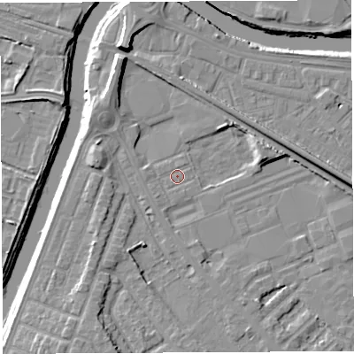 Shaded relief map of the ground around WA46PY, computed from Environment Agency LiDAR. The ground here sits at about 7 m above sea level and falls 11 m across the surrounding 800 m. Surface water reaching this point runs off ground lying to the south-west, 1.6 m higher.