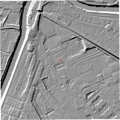 Shaded relief map of the ground around WA46PZ, computed from Environment Agency LiDAR. The ground here sits at about 7 m above sea level and falls 11 m across the surrounding 800 m. Surface water reaching this point runs off ground lying to the north-north-west, 7.8 m higher.