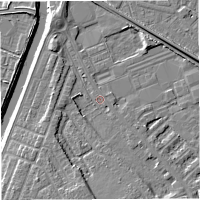 Shaded relief map of the ground around WA46QA, computed from Environment Agency LiDAR. The ground here sits at about 7 m above sea level and falls 9 m across the surrounding 800 m. Surface water reaching this point runs off ground lying to the south-south-east, 3.6 m higher.