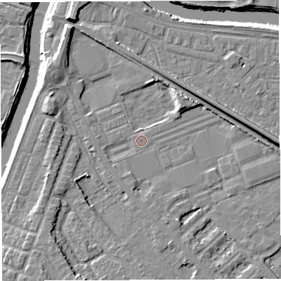Shaded relief map of the ground around WA46QD, computed from Environment Agency LiDAR. The ground here sits at about 7 m above sea level and falls 11 m across the surrounding 800 m. Surface water reaching this point runs off ground lying to the north-north-west, 7.8 m higher.
