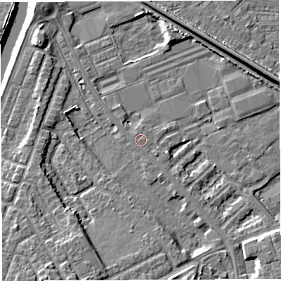 Shaded relief map of the ground around WA46QE, computed from Environment Agency LiDAR. The ground here sits at about 7 m above sea level and falls 9 m across the surrounding 800 m. The ground contributing surface water to this point lies to the south-west.