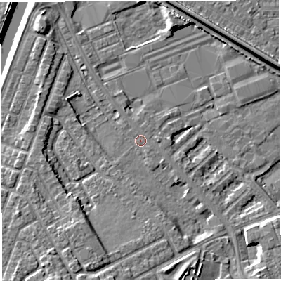 Shaded relief map of the ground around WA46QF, computed from Environment Agency LiDAR. The ground here sits at about 7 m above sea level and falls 10 m across the surrounding 800 m. Surface water reaching this point runs off ground lying to the south-south-east, 5.0 m higher.