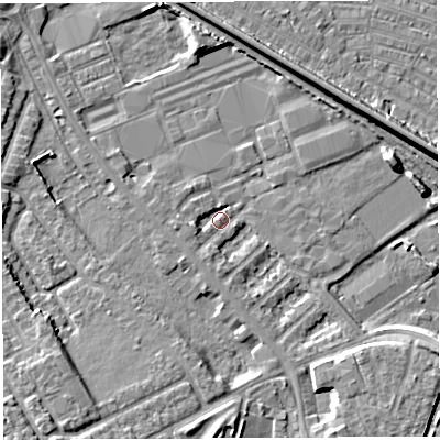 Shaded relief map of the ground around WA46QJ, computed from Environment Agency LiDAR. The ground here sits at about 7 m above sea level and falls 8 m across the surrounding 800 m. Surface water reaching this point runs off ground lying to the south-south-east, 4.5 m higher.