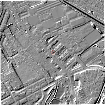 Shaded relief map of the ground around WA46QL, computed from Environment Agency LiDAR. The ground here sits at about 8 m above sea level and falls 8 m across the surrounding 800 m. Surface water reaching this point runs off ground lying to the south-south-east, 4.8 m higher.