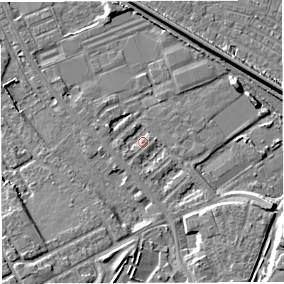 Shaded relief map of the ground around WA46QN, computed from Environment Agency LiDAR. The ground here sits at about 7 m above sea level and falls 9 m across the surrounding 800 m. Surface water reaching this point runs off ground lying to the south-south-east, 4.6 m higher.