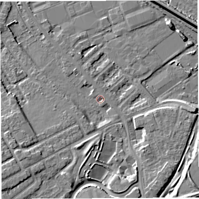 Shaded relief map of the ground around WA46QP, computed from Environment Agency LiDAR. The ground here sits at about 7 m above sea level and falls 9 m across the surrounding 800 m. Surface water reaching this point runs off ground lying to the south-west, 6.9 m higher.