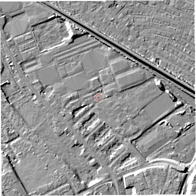 Shaded relief map of the ground around WA46QQ, computed from Environment Agency LiDAR. The ground here sits at about 7 m above sea level and falls 9 m across the surrounding 800 m. Surface water reaching this point runs off ground lying to the south-south-east, 3.7 m higher.