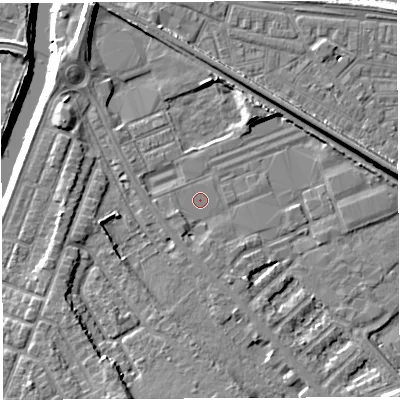 Shaded relief map of the ground around WA46QS, computed from Environment Agency LiDAR. The ground here sits at about 7 m above sea level and falls 11 m across the surrounding 800 m. Surface water reaching this point runs off ground lying to the south-south-east, 2.3 m higher.