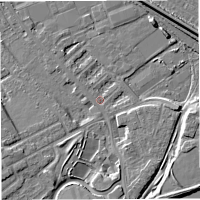 Shaded relief map of the ground around WA46QT, computed from Environment Agency LiDAR. The ground here sits at about 7 m above sea level and falls 10 m across the surrounding 800 m. Surface water reaching this point runs off ground lying to the south-south-east, 6.2 m higher.