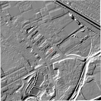 Shaded relief map of the ground around WA46QU, computed from Environment Agency LiDAR. The ground here sits at about 7 m above sea level and falls 11 m across the surrounding 800 m. Surface water reaching this point runs off ground lying to the south, 6.1 m higher.