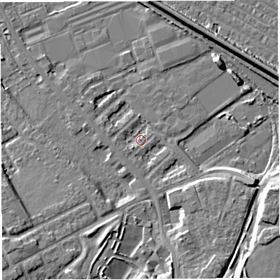 Shaded relief map of the ground around WA46QW, computed from Environment Agency LiDAR. The ground here sits at about 7 m above sea level and falls 9 m across the surrounding 800 m. Surface water reaching this point runs off ground lying to the south-south-east, 4.9 m higher.