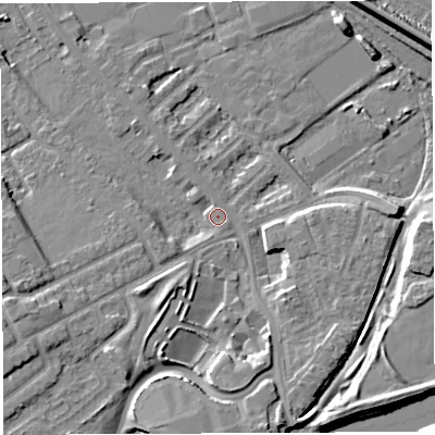 Shaded relief map of the ground around WA46QX, computed from Environment Agency LiDAR. The ground here sits at about 7 m above sea level and falls 10 m across the surrounding 800 m. Surface water reaching this point runs off ground lying to the south-west, 6.5 m higher.