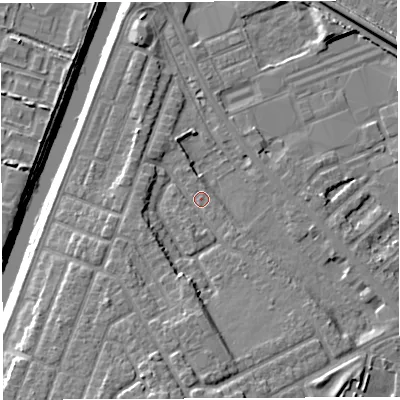 Shaded relief map of the ground around WA46QZ, computed from Environment Agency LiDAR. The ground here sits at about 8 m above sea level and falls 10 m across the surrounding 800 m. Surface water reaching this point runs off ground lying to the south-south-west, 1.6 m higher.